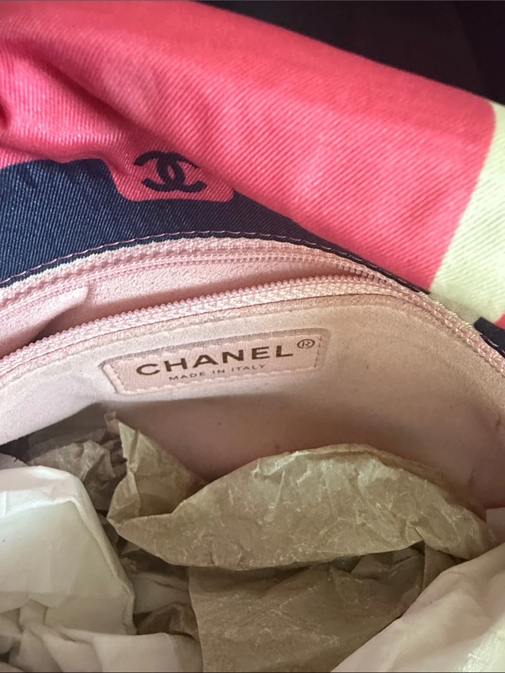 CHANEL Pink Quilted Shoulder Bag with Navy and Cream Grid